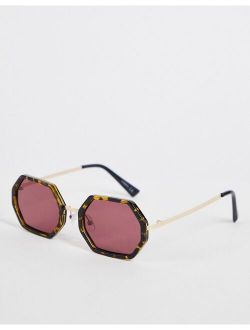 hexagon sunglasses with purple lens in brown tortoiseshell