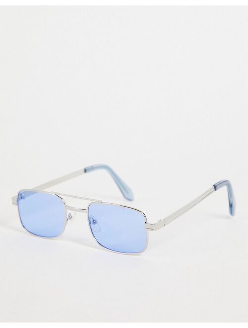 ASOS DESIGN 90's mini square sunglasses with blue lens in silver