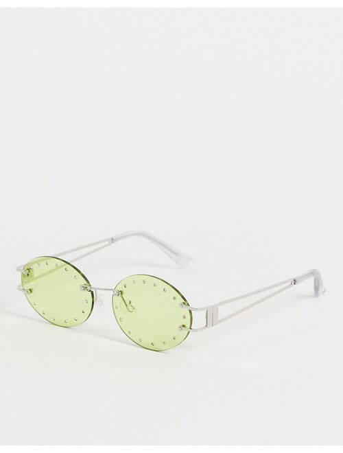 ASOS DESIGN rimless round glasses with crystal detail in green