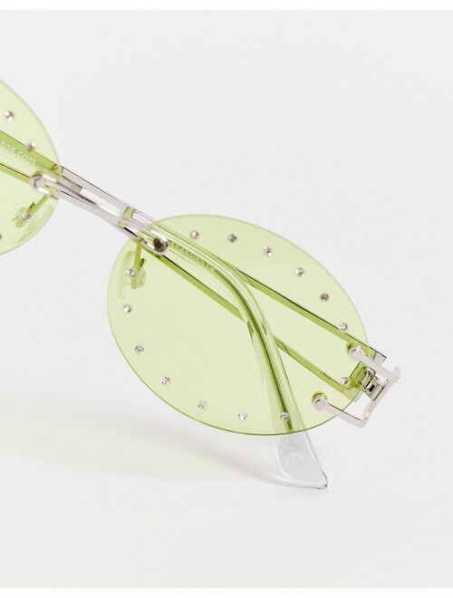 ASOS DESIGN rimless round glasses with crystal detail in green