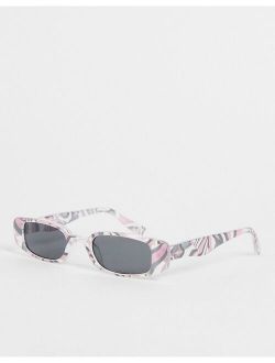 recycled slim rectangle sunglasses with smoke lens in pink marble effect