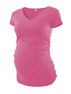 Maternity V Neck Shirts - Short Sleeves Side Ruched Comfortable Pregnancy Tops Clothes and Dress for Womans