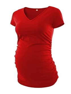 Maternity V Neck Shirts - Short Sleeves Side Ruched Comfortable Pregnancy Tops Clothes and Dress for Womans