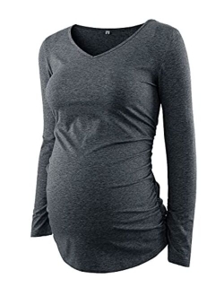 Maternity V Neck Shirts - Short Sleeves Side Ruched Comfortable Pregnancy Tops Clothes and Dress for Womans