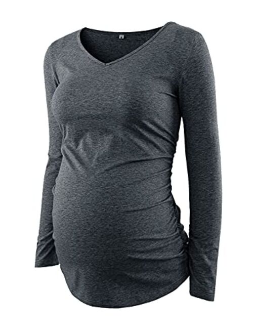 Decrum Maternity V Neck Shirts - Short Sleeves Side Ruched Comfortable Pregnancy Tops Clothes and Dress for Womans