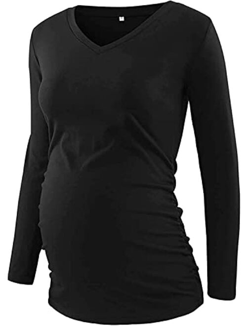 Decrum Maternity V Neck Shirts - Short Sleeves Side Ruched Comfortable Pregnancy Tops Clothes and Dress for Womans