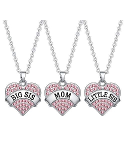 BESPMOSP Big Sis Lil Sis Mom Crystal Heart Pendant Necklace Set Gift for Sister Mother's Day Gift Family Jewelry