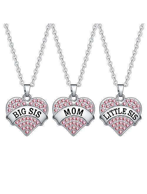 BESPMOSP Big Sis Lil Sis Mom Crystal Heart Pendant Necklace Set Gift for Sister Mother's Day Gift Family Jewelry