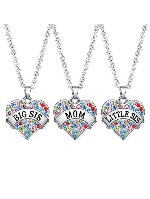 BESPMOSP Big Sis Lil Sis Mom Crystal Heart Pendant Necklace Set Gift for Sister Mother's Day Gift Family Jewelry