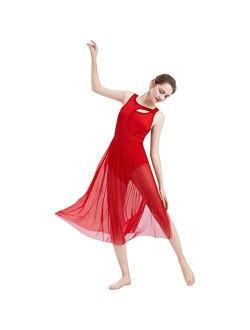 ODASDO Women Lyrical Dance Dress Modern Contemporary Dancewear Cut Out Front Mesh Tulle Skirt Backless Tank Leotard