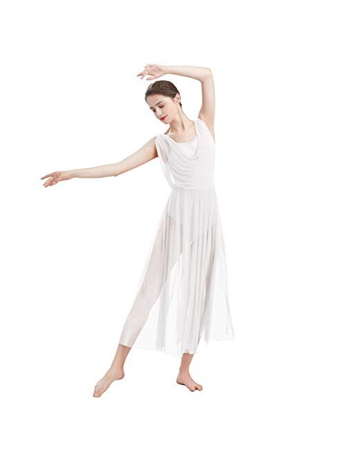 ODASDO Women Lyrical Modern Contemporary Dance Costume Leotard V-Neck Backless Split Tulle Skirt Flowy Overlay Dress