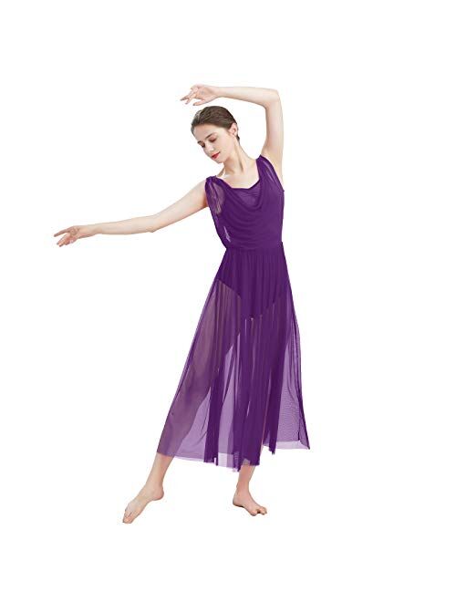 ODASDO Women Lyrical Modern Contemporary Dance Costume Leotard V-Neck Backless Split Tulle Skirt Flowy Overlay Dress