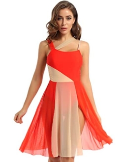 FEESHOW Lyrical Women Dance Costume Leotard Dress Illusion V-Neck Chiffon Flowy High-Low Skirt