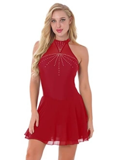 FEESHOW Lyrical Women Dance Costume Leotard Dress Illusion V-Neck Chiffon Flowy High-Low Skirt