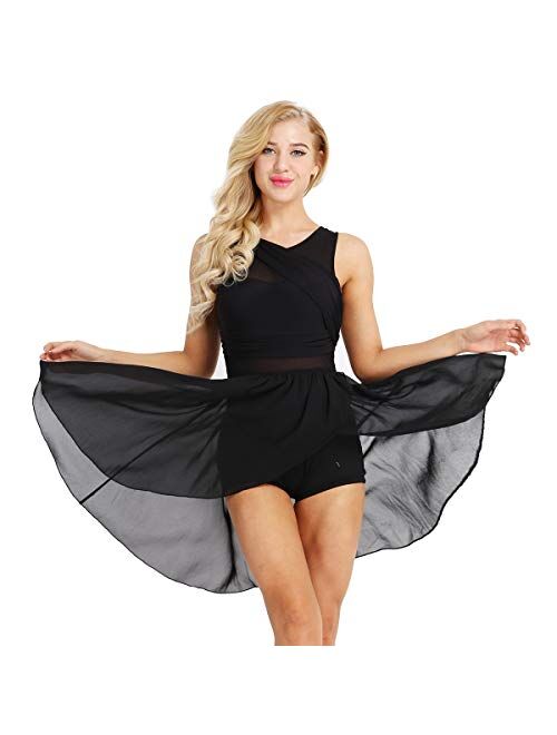 FEESHOW Lyrical Women Dance Costume Leotard Dress Illusion V-Neck Chiffon Flowy High-Low Skirt