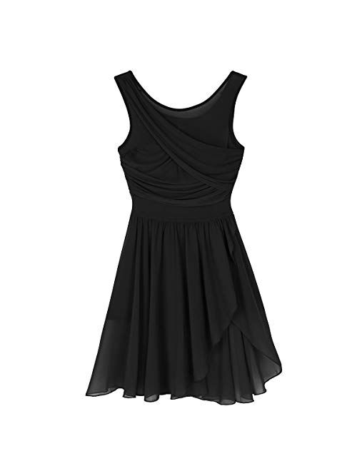 FEESHOW Lyrical Women Dance Costume Leotard Dress Illusion V-Neck Chiffon Flowy High-Low Skirt