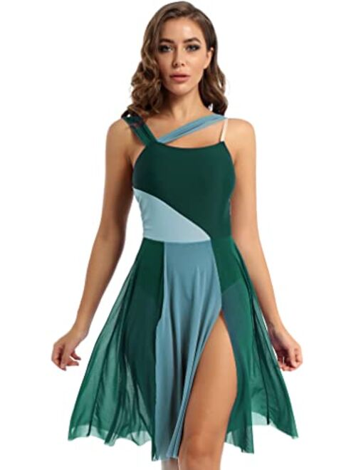 FEESHOW Lyrical Women Dance Costume Leotard Dress Illusion V-Neck Chiffon Flowy High-Low Skirt