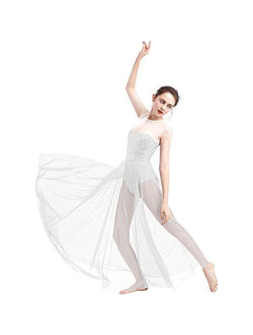 ODASDO Women Lyrical Dance Dress Modern Contemporary Dancewear Costume Sequins Tank Leotard Tulle Maxi Overlay Dress