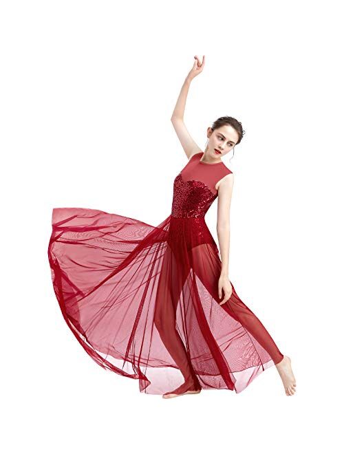 ODASDO Women Lyrical Dance Dress Modern Contemporary Dancewear Costume Sequins Tank Leotard Tulle Maxi Overlay Dress