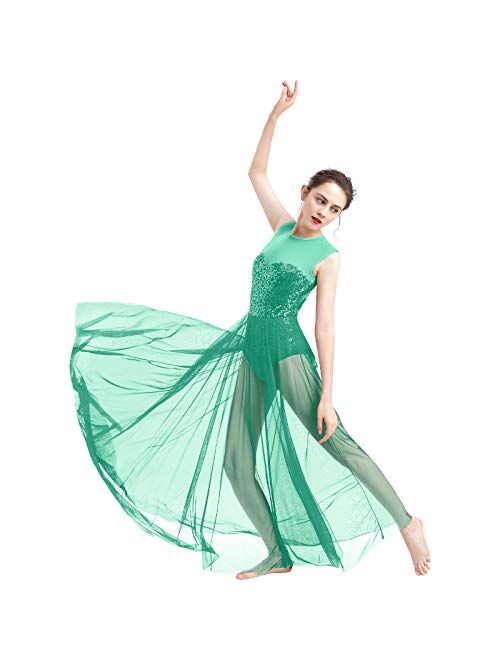 ODASDO Women Lyrical Dance Dress Modern Contemporary Dancewear Costume Sequins Tank Leotard Tulle Maxi Overlay Dress