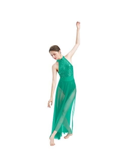 ODASDO Women Lyrical Dance Dress Modern Contemporary Dancewear Halter Neck Sequins Leotard Mesh Tulle Maxi Long Skirt