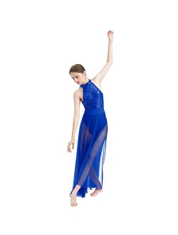 ODASDO Women Lyrical Dance Dress Modern Contemporary Dancewear Halter Neck Sequins Leotard Mesh Tulle Maxi Long Skirt