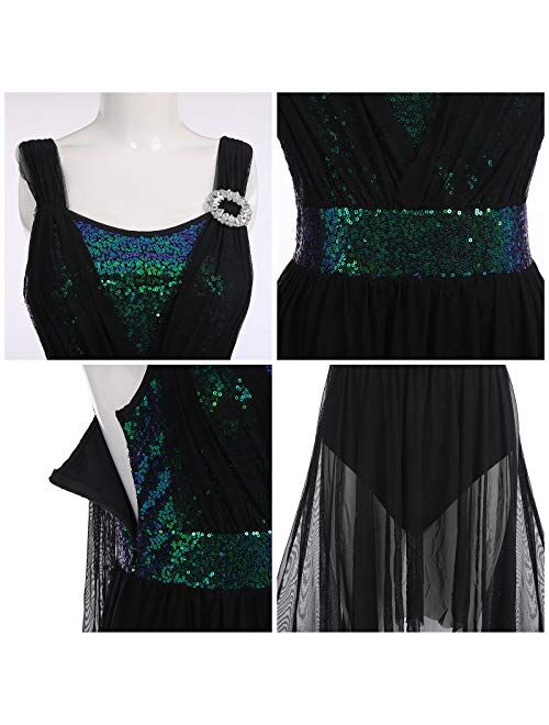 ODASDO Women Adult Lyrical Dance Dress Modern Contemporary Costume Sequins Mesh Tulle High Low Skirt Ballet Dancewear