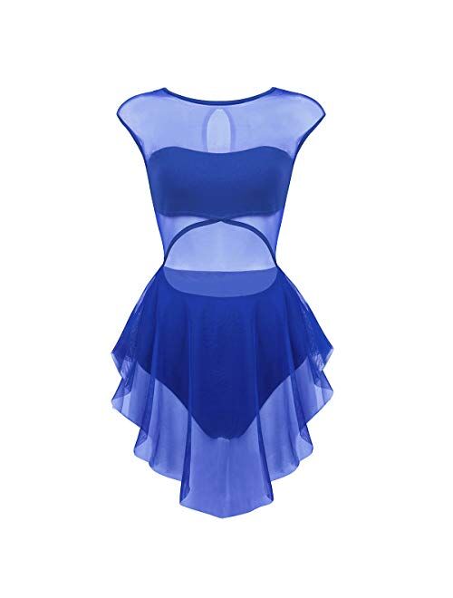 ranrann Women's Performance Asymmetrical Mesh Cutout Tank Dress Latin Lyrical Modern Dancing Costumes