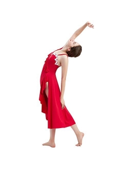 ODASDO Women Lyrical Dance Dress Flounce Asymmetrical Spaghetti Strap Midi Dress Adult Modern Contemporary Dancewear