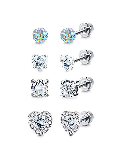 SAILIMUE 4 Pairs Screw Back Earrings for Women Pink Halo Cubic Zirconia Earring Barbell Stud Earrings Heart CZ Stud Stainless Steel Earrings Set Tragus Cartilage Jewelry