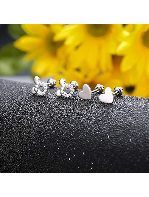 Milacolato 2Pairs 925 Sterling Silver Mouse Cubic Zirconia Plain Heart Screwback Earrings for Women Cute Dainty Stud Earrings Set