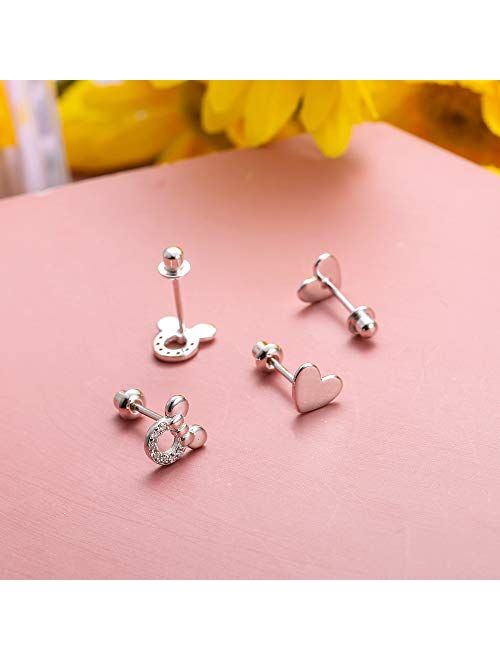 Milacolato 2Pairs 925 Sterling Silver Mouse Cubic Zirconia Plain Heart Screwback Earrings for Women Cute Dainty Stud Earrings Set