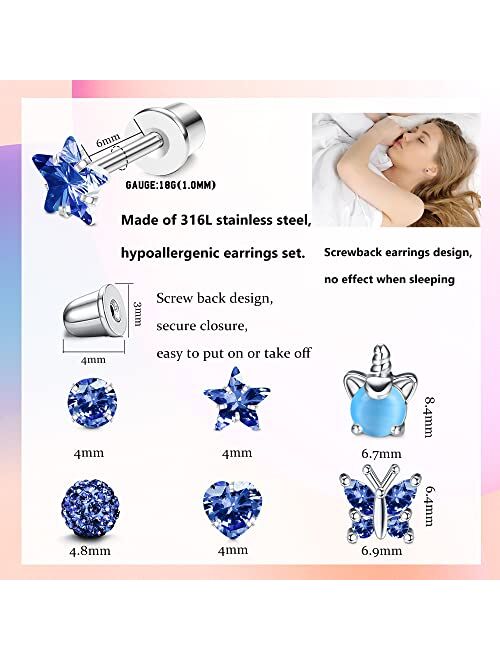 SAILIMUE 6 Pairs Screw Back Earrings for Women Hypoallergenic Earrings Cubic Zirconia Earrings Ball Heart CZ Butterfly Stud Earrings Stainless Steel Earrings Set Tragus C