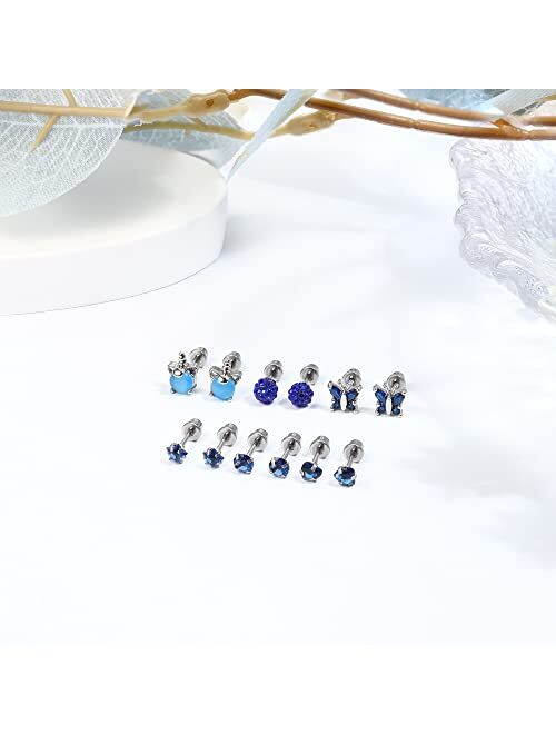 SAILIMUE 6 Pairs Screw Back Earrings for Women Hypoallergenic Earrings Cubic Zirconia Earrings Ball Heart CZ Butterfly Stud Earrings Stainless Steel Earrings Set Tragus C