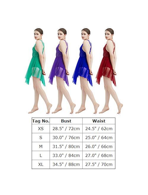 ODASDO Women Lyrical Dance Dress Modern Contemporary Dancewear Costume Sequins Tank Leotard Irregular Tulle Skirt