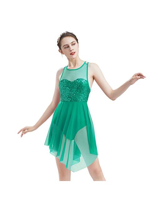 ODASDO Women Lyrical Dance Dress Modern Contemporary Dancewear Costume Sequins Tank Leotard Irregular Tulle Skirt