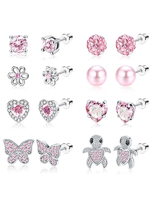 Helicopchain 6-8 Pairs Hypoallergenic Screwback Earrings Studs for Women Teens 316L Stainless Steel CZ Heart Screw Back Earring Studs Flower Multicolored Butterfly Stud E