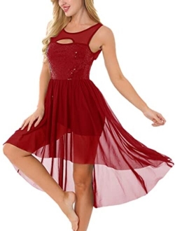 FEESHOW Sequins Lyrical Women Ballet High Low Dance Dress Leotard Adult Camisole Dress