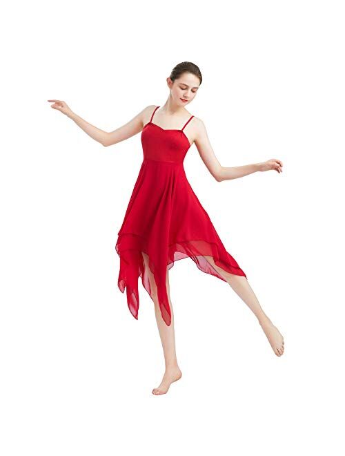 ODASDO Women Lyrical Dance Costume Modern Contemporary Ballet Dancewear Spaghetti Strap Chiffon Flowy Dress