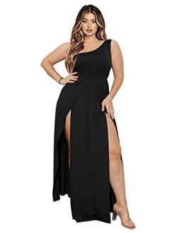 Ekaliy Women's Deep V Neck Plus Size Bodycon Ruched One Shoulder Maxi Dress Flowy Split Long Dresses