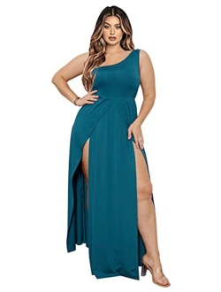 Ekaliy Women's Deep V Neck Plus Size Bodycon Ruched One Shoulder Maxi Dress Flowy Split Long Dresses