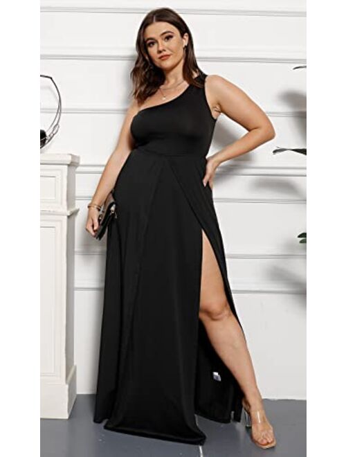 Ekaliy Women's Deep V Neck Plus Size Bodycon Ruched One Shoulder Maxi Dress Flowy Split Long Dresses