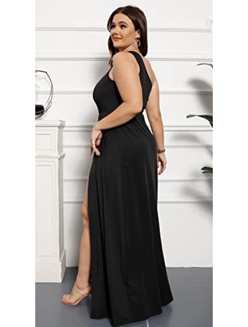 Ekaliy Women's Deep V Neck Plus Size Bodycon Ruched One Shoulder Maxi Dress Flowy Split Long Dresses