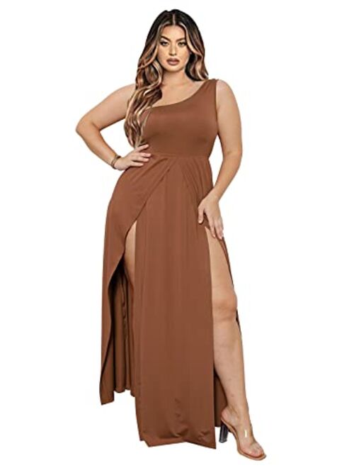 Ekaliy Women's Deep V Neck Plus Size Bodycon Ruched One Shoulder Maxi Dress Flowy Split Long Dresses