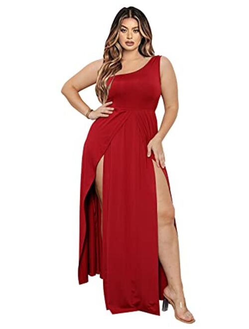 Ekaliy Women's Deep V Neck Plus Size Bodycon Ruched One Shoulder Maxi Dress Flowy Split Long Dresses