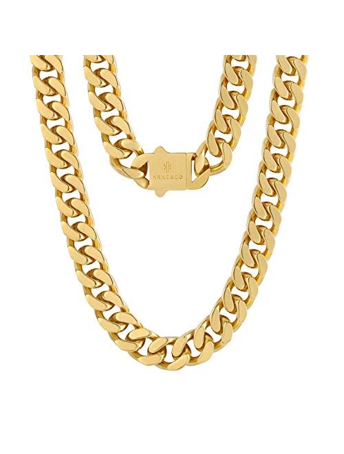 KRKC&CO KEEP REAL KEEP CHAMPION KRKC&CO 12mm/14mm Mens Cuban Link Chain, 18k Gold Miami Cuban Chain, 4-Side Cut, Hip Hop Jewelry, Solid No Tarnish Necklace, Durable and A