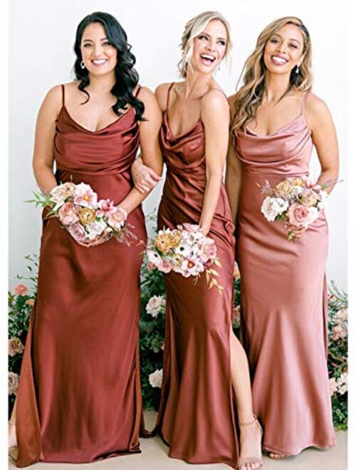 Lidoer Women's Boho Satin Bridesmaid Dresses Long Cowl Neck Formal Wedding Evening Dress with Side Slit M008