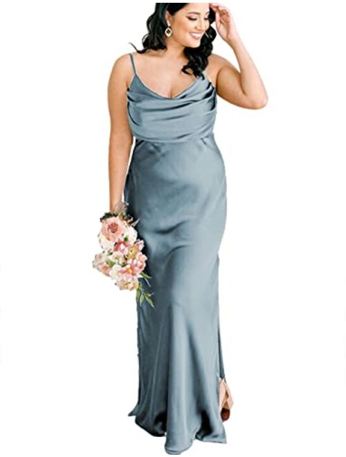 Lidoer Women's Boho Satin Bridesmaid Dresses Long Cowl Neck Formal Wedding Evening Dress with Side Slit M008