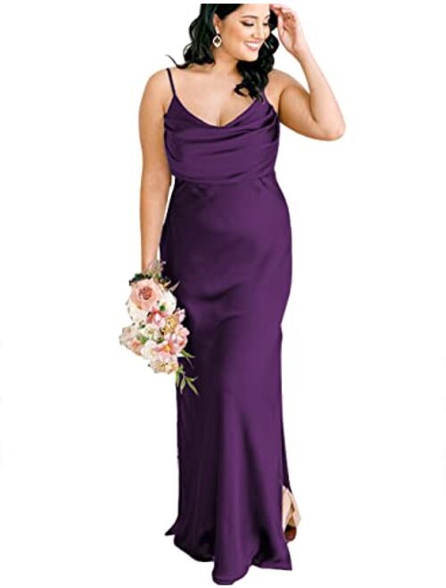 Lidoer Women's Boho Satin Bridesmaid Dresses Long Cowl Neck Formal Wedding Evening Dress with Side Slit M008