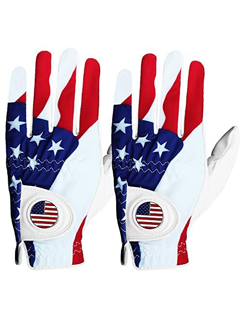 Finger Ten Golf Gloves Men Left Hand Right with Ball Marker USA Flag Value 2 Pack Leather Breathable Comfortable Weathersof Grip Size Small Medium ML Large XL